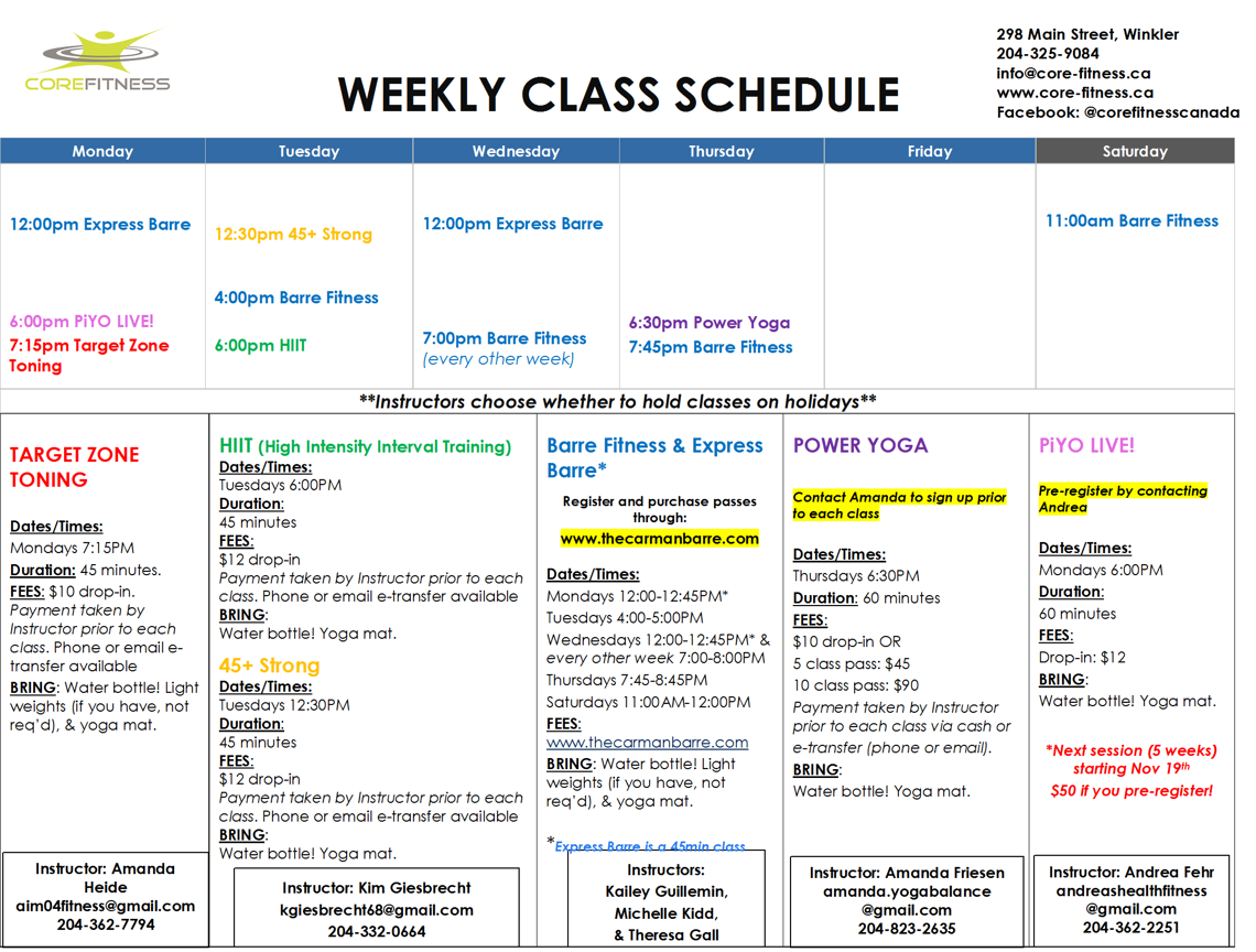 Core Fitness Schedule